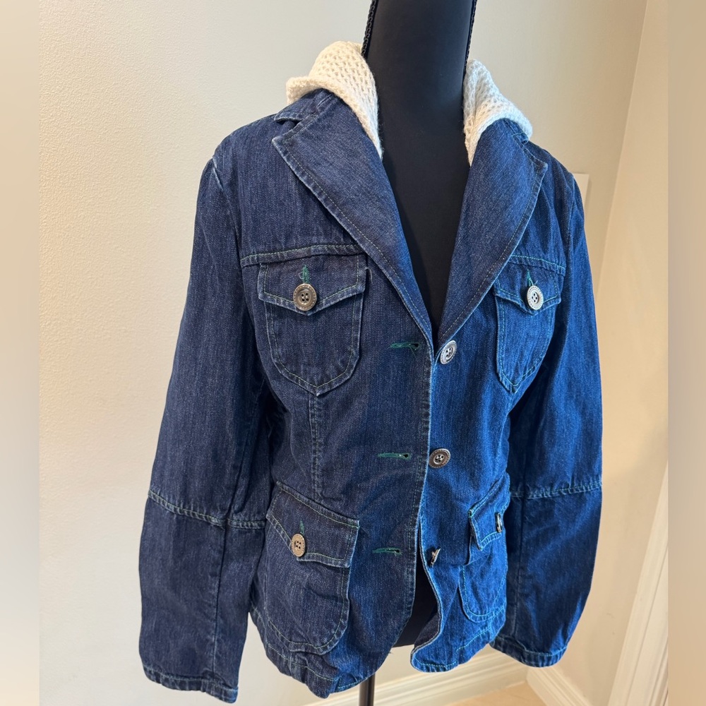 Classic Blue Denim Jacket with Knit Collar